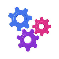 Fototapeta premium Three colorful gears in blue purple and pink arranged together on a white background showcasing mechanics