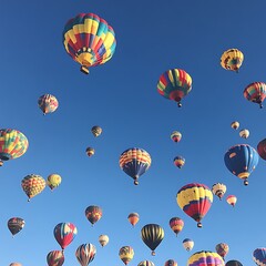 Obraz premium Many colorful hot air balloons float in a clear blue sky.