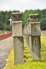  Rows of concrete crosses at a historic cemetery from World War II