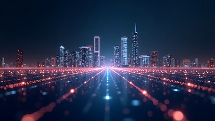 Futuristic cityscape with digital data streams illuminating skyline at night