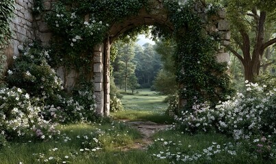 Obraz premium Stone archway with green vines and white flowers in a sunlit garden