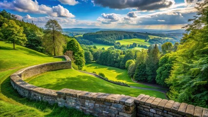 Fototapeta premium A grass filled overlook with a winding stone wall stretching into the distance, surrounded by lush greenery and trees