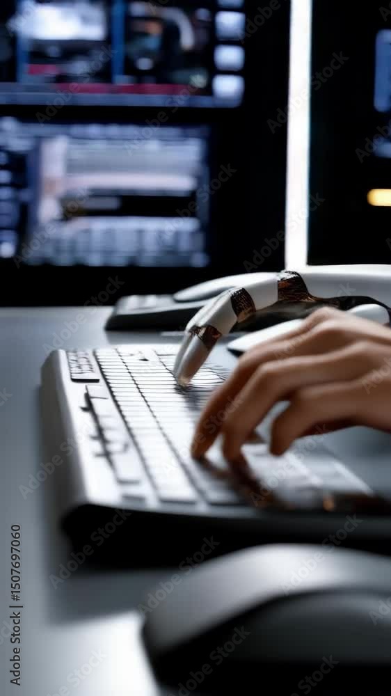 Poster human and robotic hand typing on keyboard, demonstrating the synergy of technology and artificial in