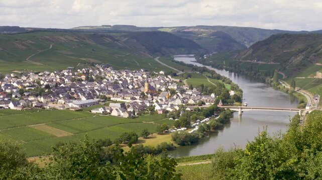 Picturesque Trittenheim Town lies along moselle river bend
