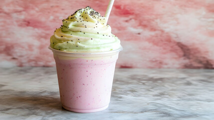 A refreshing pink smoothie topped a swirl green white whipped cream chia seeds sits a marble surface.