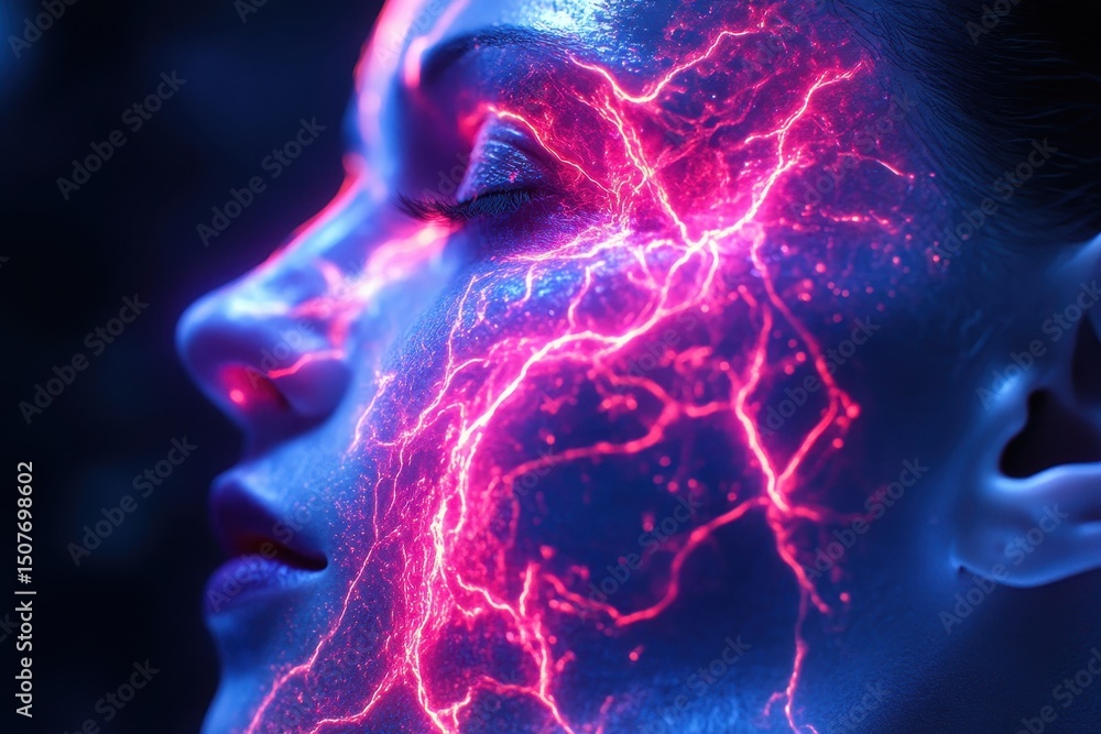 Poster engaging close-up of a person's eye illuminated by captivating light patterns and vibrant glowing ef