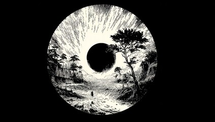 Surreal landscape with a central black sphere floating over the horizon view