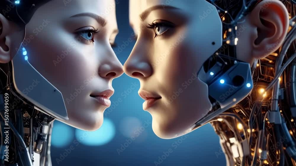 Poster two futuristic female androids looking at each other with internal lighting in a blue bokeh backgrou