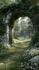 Obraz premium Stone archway with green vines and white flowers for phone wallpaper
