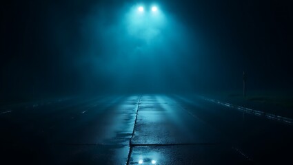 Eerie car headlights illuminate a foggy road at night creating suspense