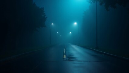 Eerie road illuminated by streetlights disappearing into a dense fog