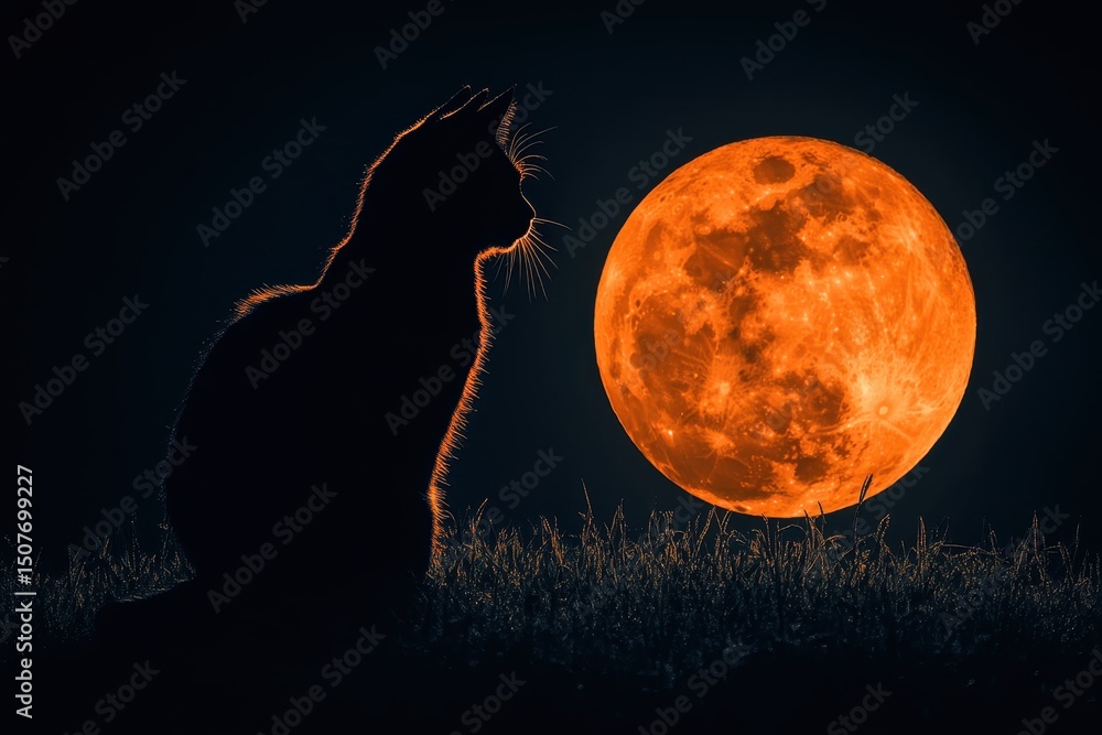 Poster Black cat perched on a branch silhouetted by a full moon in a twilight sky