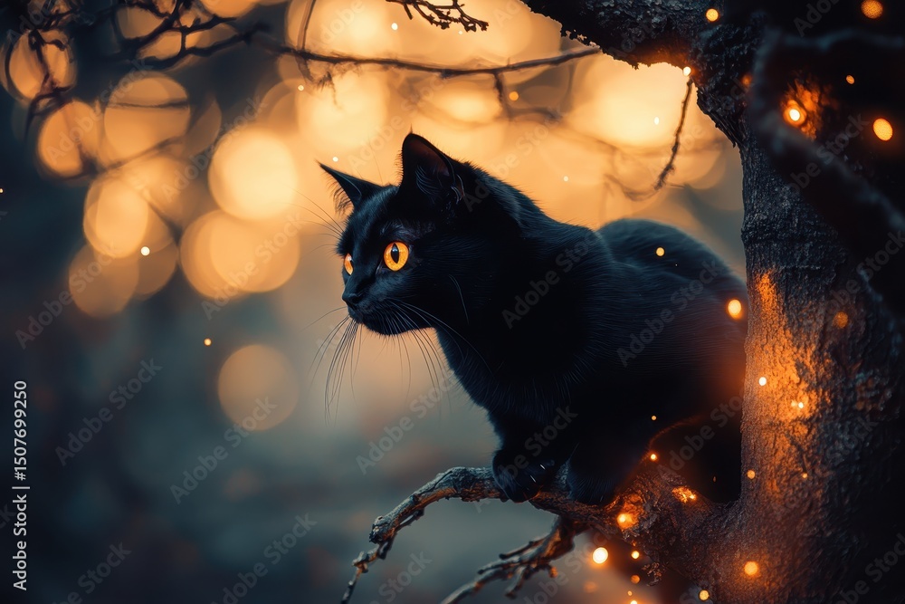 Poster Black cat perched on a tree branch surrounded by glowing lights during twilight, creating a mystical atmosphere