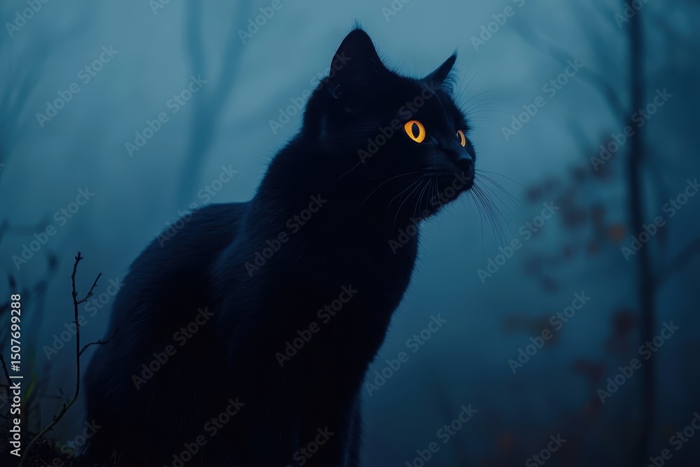 Poster Black cat perched on a tree branch surrounded by glowing lights during twilight, creating a mystical atmosphere