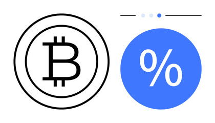Bitcoin within circular frame alongside a bold blue percentage symbol. Ideal for cryptocurrency trends, investment, finance, blockchain analysis, savings growth, fintech, simple landing page