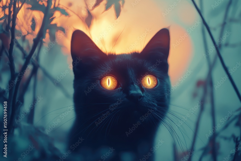 Poster mysterious black cat with glowing eyes gazes into the twilight, surrounded by shadowy foliage in a s