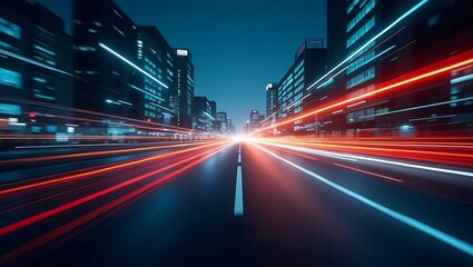 Futuristic city highway lights trails with modern buildings at night scene