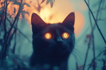 Mysterious black cat with glowing eyes gazes into the twilight, surrounded by shadowy foliage in a serene setting during sunset