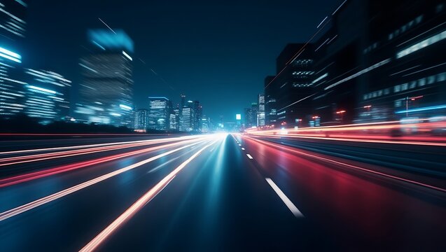 Dynamic urban nightscape with blurred light trails and towering structures