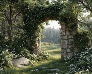 Fototapeta premium A rustic stone arch overgrown with vines and white blooms opens onto a sunlit grassy field bordered by woods