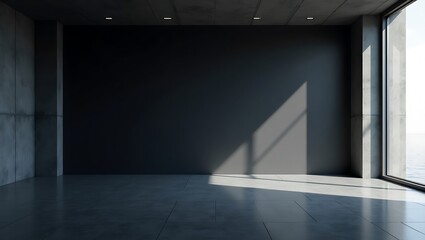 Modern empty concrete interior with sunlight pouring in from a large window