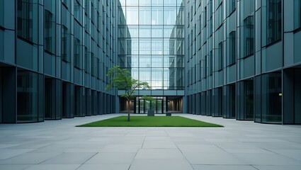 Modern office complex featuring a tree within its glass facade courtyard