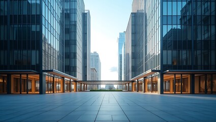 Symmetric modern architecture with office buildings in a downtown urban area