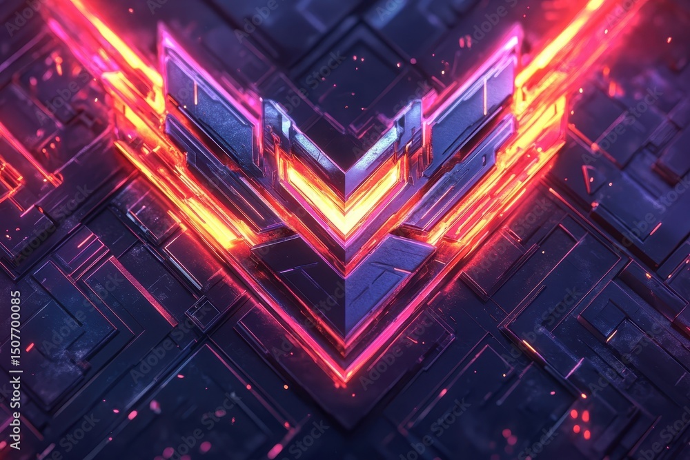 Poster digital artwork showcasing a futuristic logo design illuminated in red tones against a textured blac