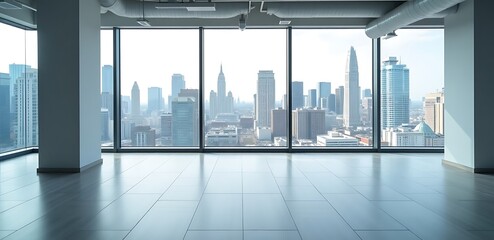Spacious corporate office interior with cityscape view through panoramic windows