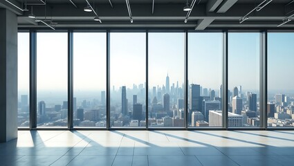 Modern interior architecture with panoramic city view in office building