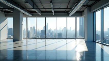 Expansive city view from contemporary office interior filled with sunlight