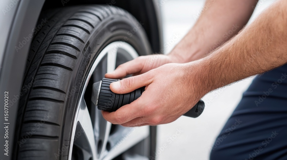 Poster man checking car tire pressure with handheld gauge tool in close-up view