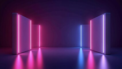 Illuminated geometric forms casting vibrant reflections in a moody space