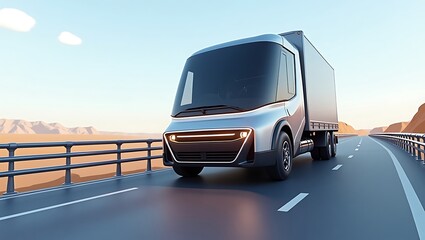 Futuristic Electric Truck Driving Along a Desert Highway with Blue Sky