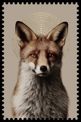 fox on a mail stamp, professional photography with studio lighting 