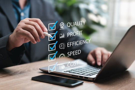 Management strategy planning, Cost and quality performance management, Improvement concept, Businessman sets key points for business work, Indicating increased quality, Speed, Efficiency, Reduced cost