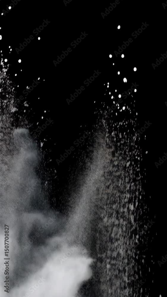 Poster exploding powder cloud in slow motion creating dust particles against a black background.