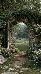 Obraz premium Stone archway with green vines and white flowers for phone wallpaper