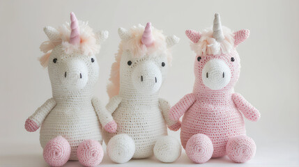 Fototapeta premium Handmade adorable yarn unicorn plushies toys for kids