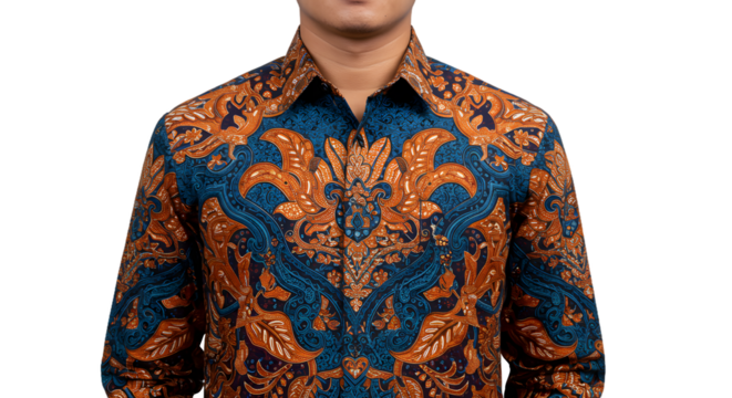 Close-up studio shot of a man wearing an intricately designed batik shirt presenting Southeast Asian textiles