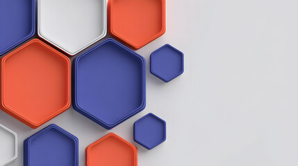Colorful hexagons create a modern abstract pattern against a white background. Ideal presentations branding.