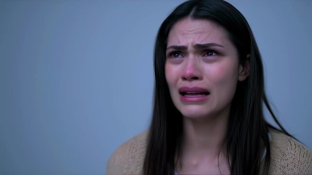 A young adult woman with long dark hair is captured in a poignant closeup, her face etched with sorrow as she cries. Tears stream down her cheeks, conveying deep emotional distress.
