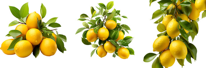 Set of fresh lemons on tree isolated on transparent background