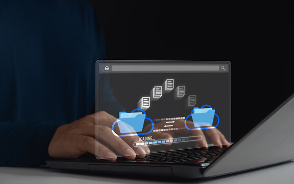 Business information document storage, upload, download, archive, share, migration online database with AI. Transfer digital file relocation on cloud system technology concept, access to backup data.