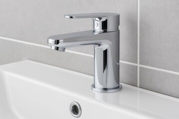 A modern chrome faucet installed on a white sink, showcasing sleek design and efficient water flow for a bathroom