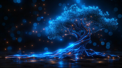 Glowing cyber tree. Futuristic luminous roots in a digital fantasy landscape.