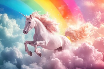 Fototapeta premium Fantasy unicorn soaring through colorful clouds in a dreamy landscape during a magical sunset