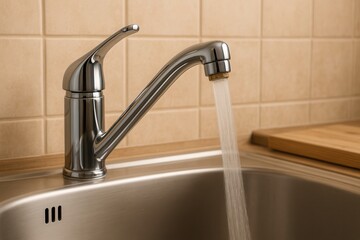 A close-up of a modern chrome faucet dispensing clean water into a stainless steel kitchen sink, showcasing functionality and design
