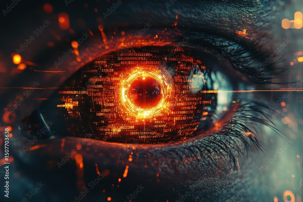 Aufkleber close-up view of a human eye with glowing digital effects, showcasing the fusion of technology and h