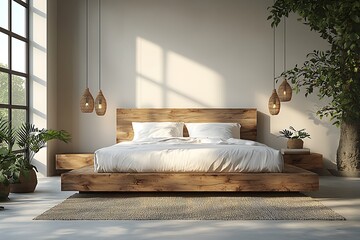 Warm wooden furniture bedroom style high resolution photo